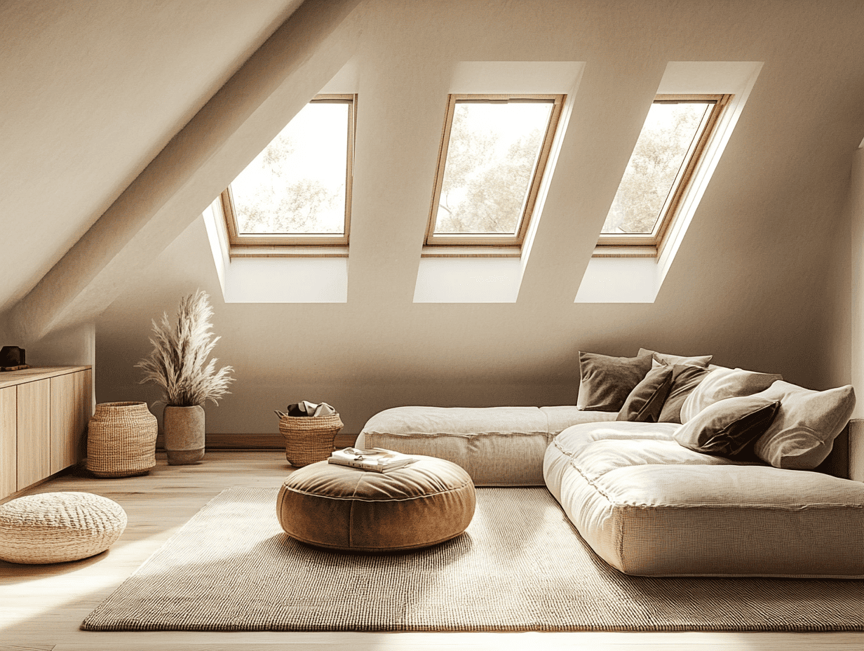 A cozy attic living space with large skylight windows, filling the room with warm natural light. The neutral-toned decor features a plush sectional sofa, soft cushions, woven baskets, and earthy textures, creating a peaceful and inviting atmosphere.