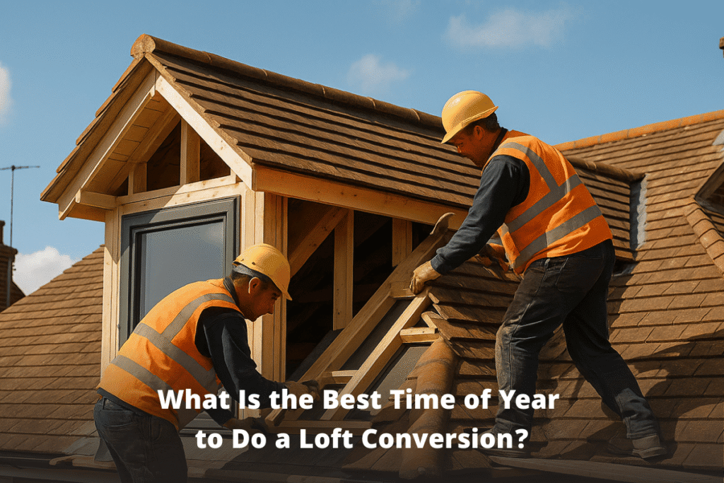 "Two construction workers wearing safety gear install a dormer window during a loft conversion on a red brick UK home, working on a tiled roof under bright sunlight with realistic shadows and detailed textures."