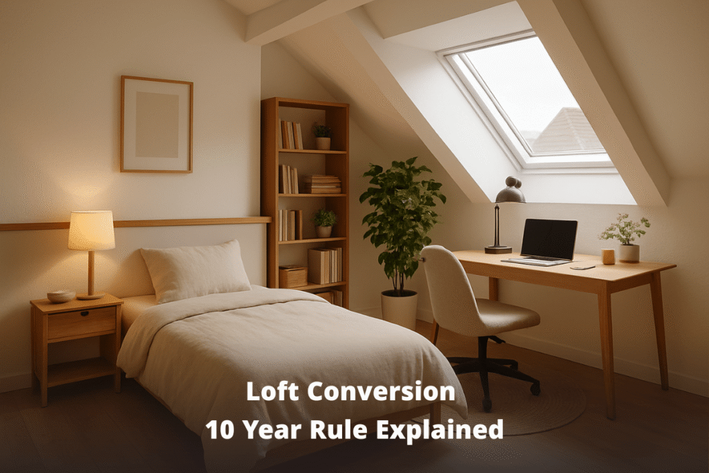 Bright and cozy loft bedroom with a modern work-from-home desk setup under a skylight, featuring light wood furniture, a comfortable single bed, bookshelf, indoor plants, and natural sunlight for a professional yet relaxed atmosphere.